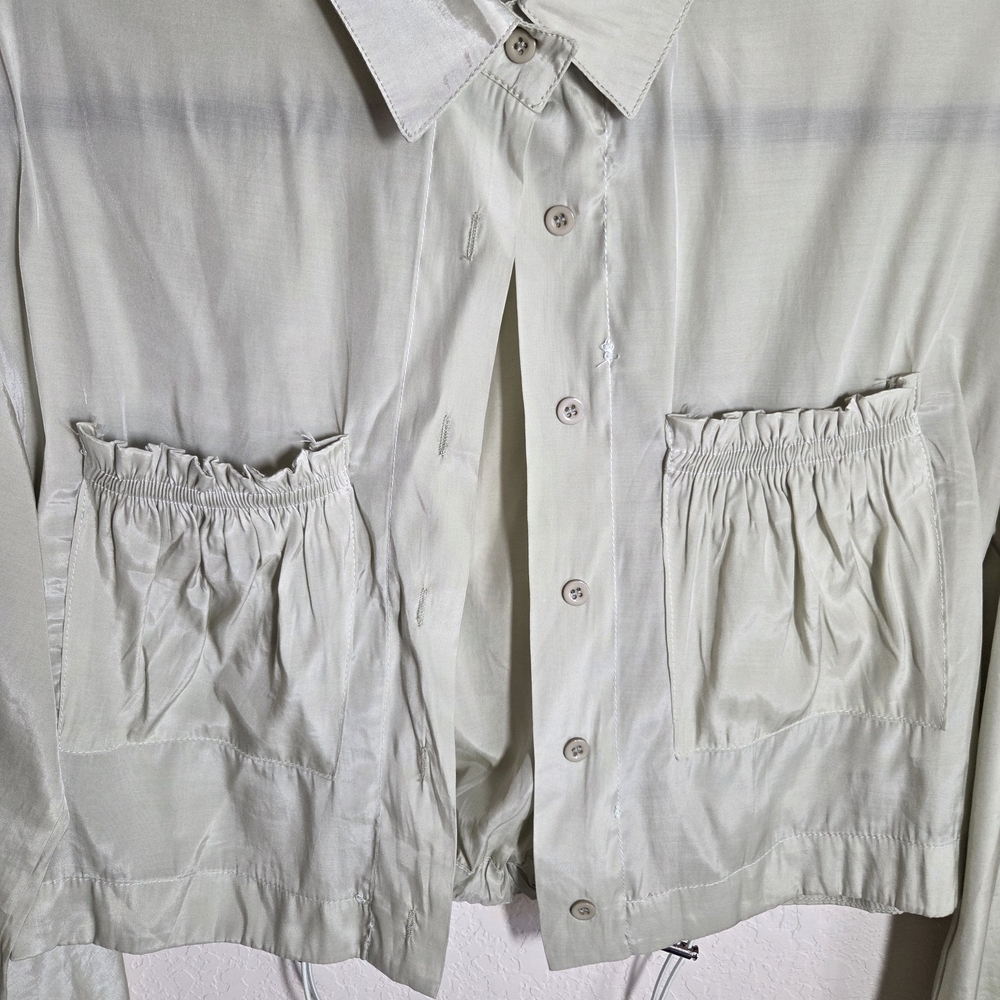 Cropped Sage Green Utility Blouse Drawstring Cinch Hem Shacket Size Medium - Picture 6 of 11